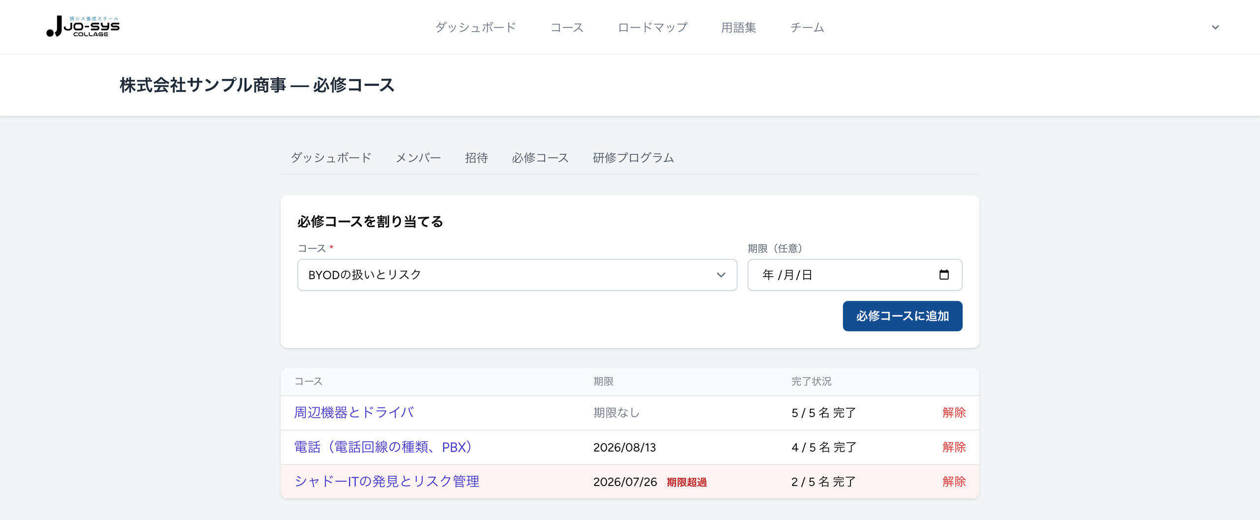 必修コースの割り当て画面。コース名・期限・完了状況が一覧表示され、期限を過ぎているものが強調表示されている。